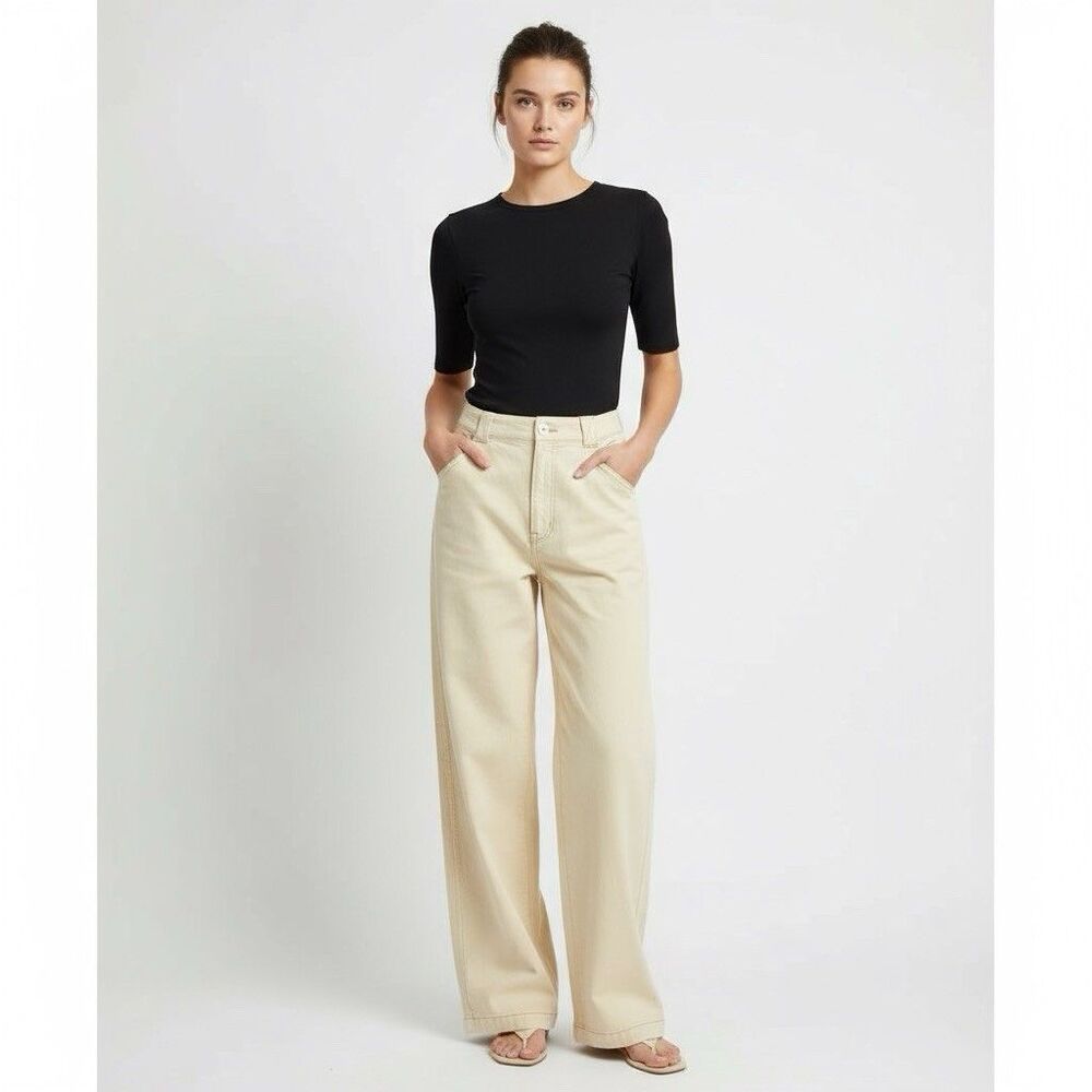 Madewell Womens Sand Emmett Wide Leg Cotton Pants High Rise Stretch Size 25